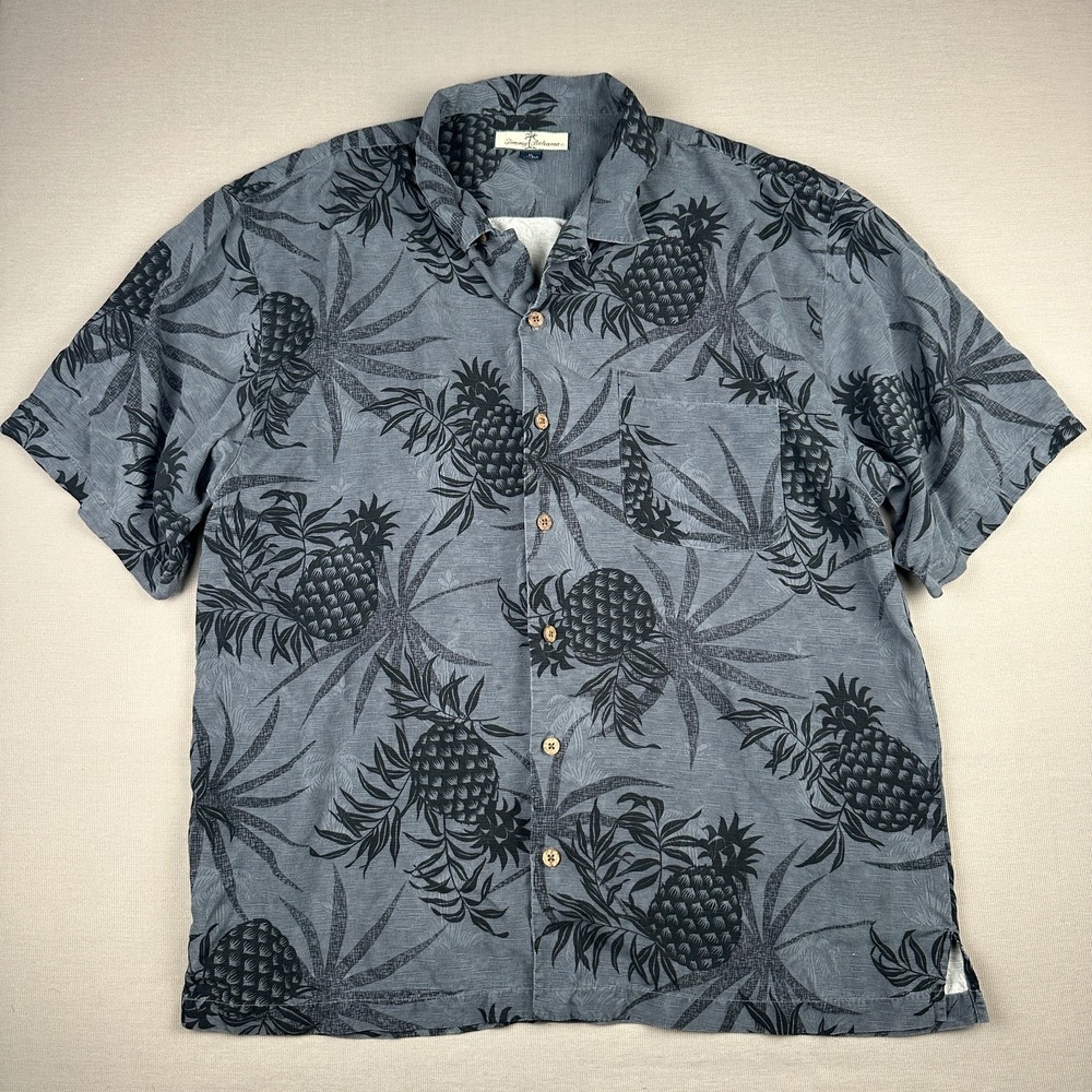 Tommy Bahama Mens XL Silk Pineapple Camp Shirt Grey Short Sleeve Button Up
